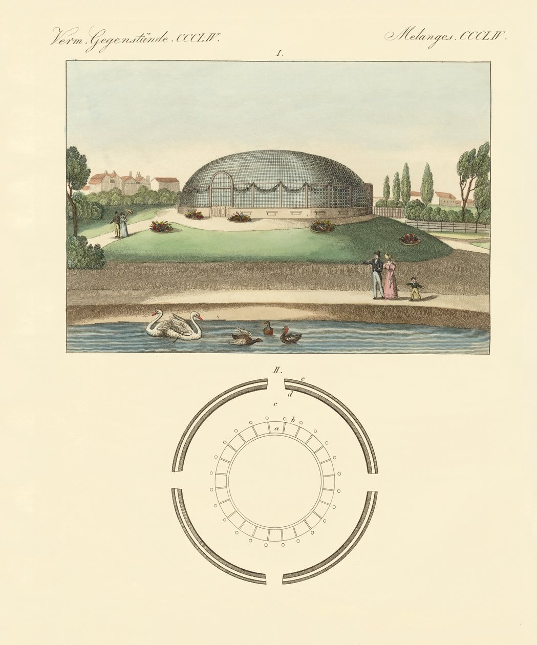 O edifício em forma de cúpula no jardim zoológico de Surrey (gravura colorida) de German School