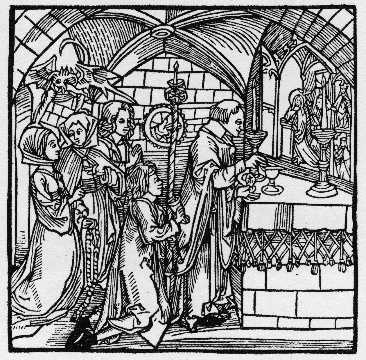 O diabo faz as mulheres falarem durante a missa - em "Der Ritter von Turn" de Knight Marquard vom Stein de German School