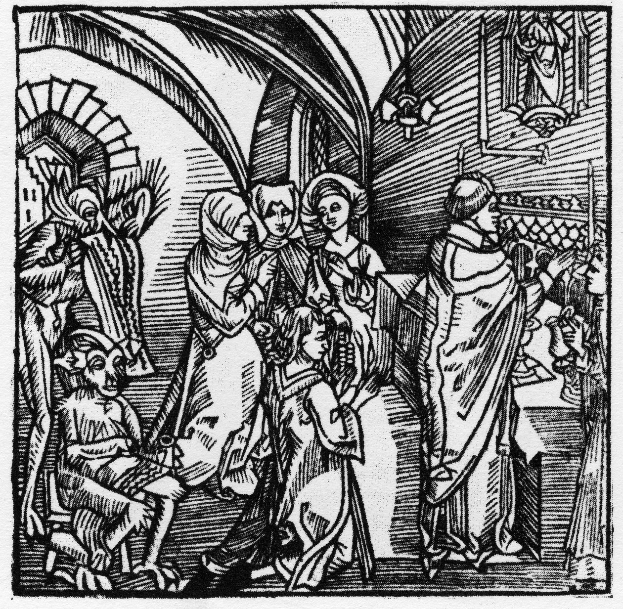 Os diabos transcrevem a tagarelice dos comerciantes durante a missa - em "Der Ritter von Turn" do cavaleiro Marquard vom Stein 1498 de German School