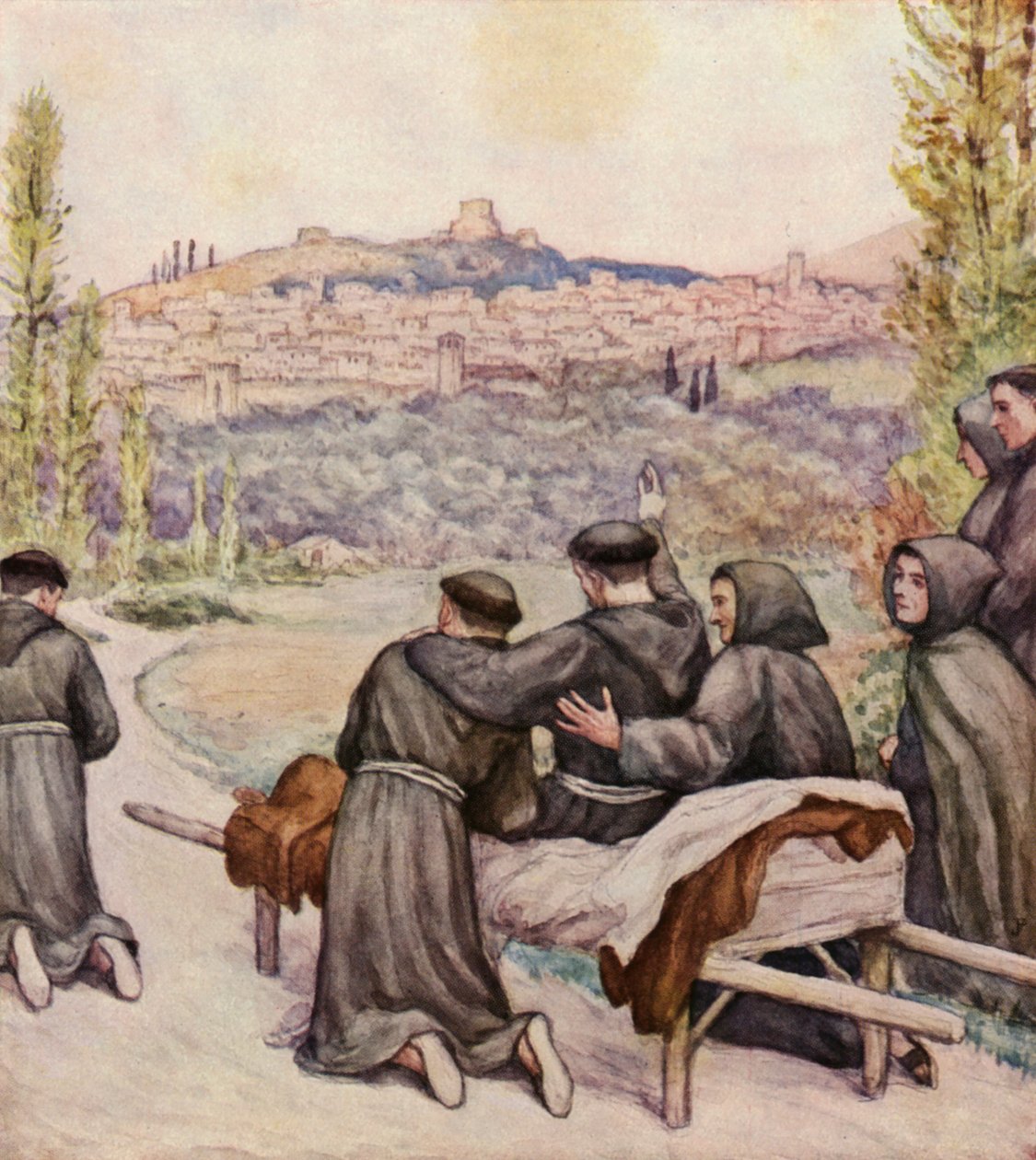 O moribundo São Francisco abençoando a cidade de Assis (litografia a cores) de German School