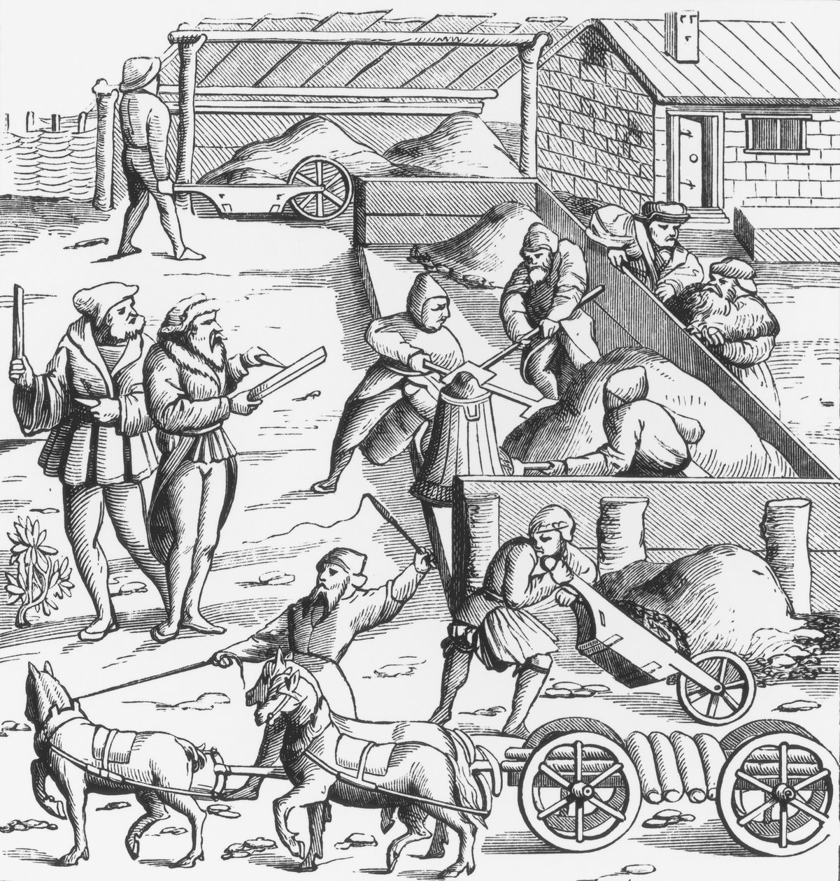 A extração de metais, após uma xilogravura na Cosmographie Universelle de Munster, publicou 1552 de German School