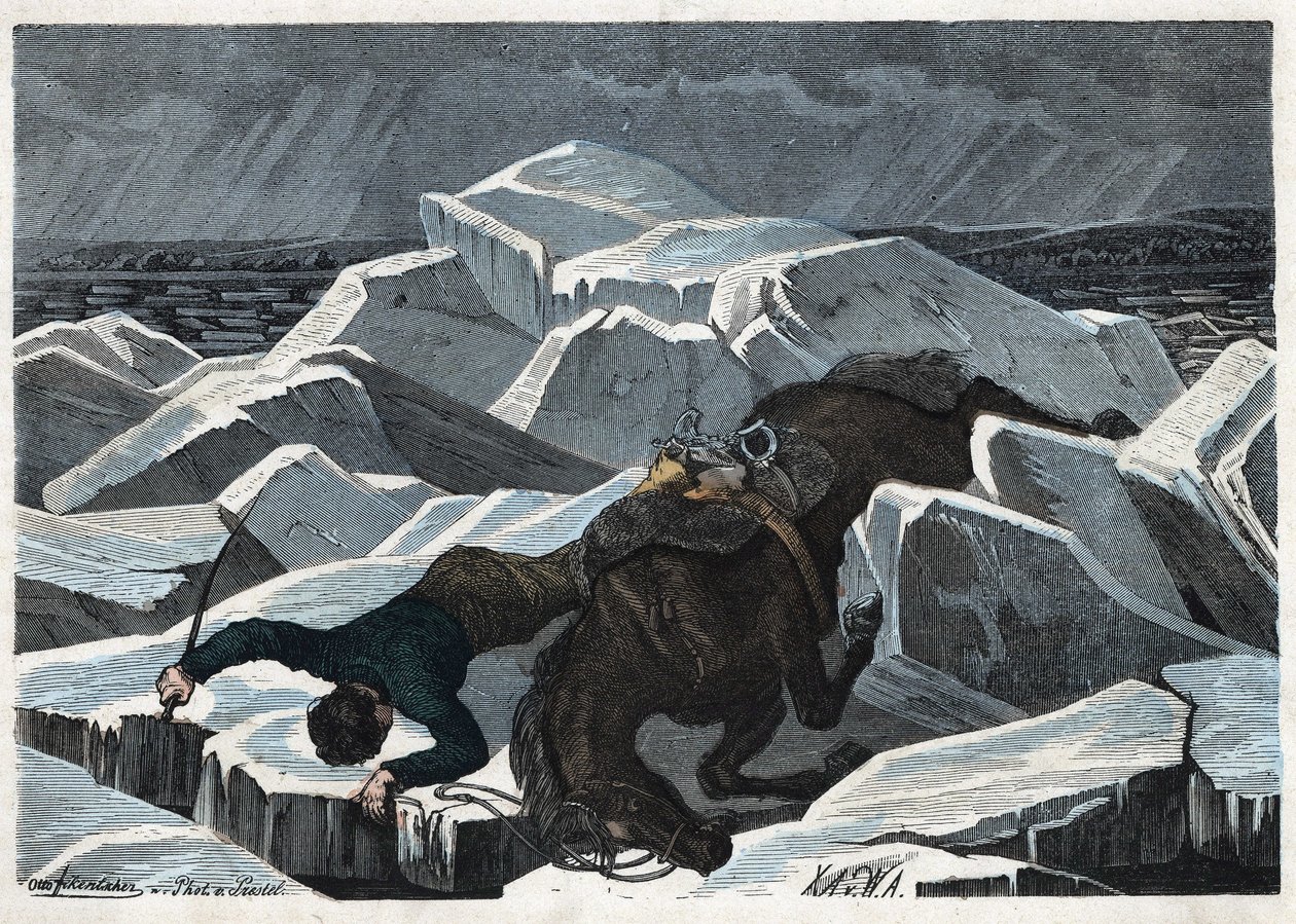 A queda do Conde Sandor e do seu cavalo sobre o gelo quebrado do Danúbio. Em "Wenn Jemand eine Reise thut, so kann erzahlen" (Quando alguém viaja, isto é o que ele pode dizer), conto alemão de Franz Wiedemann de German School