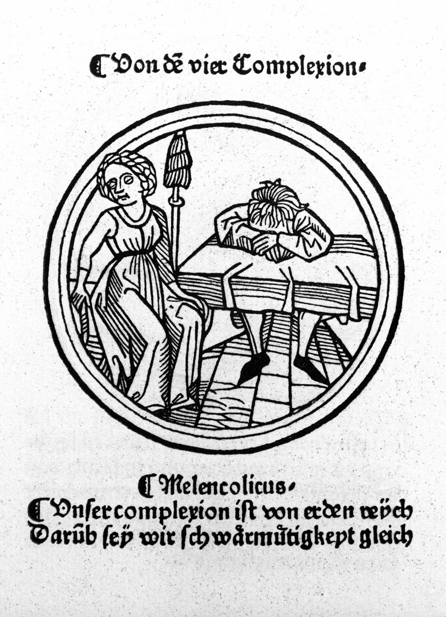 Os quatro temperamentos: melancólico (triste e deprimido). Xilogravura, Augsburg 1480. de German School