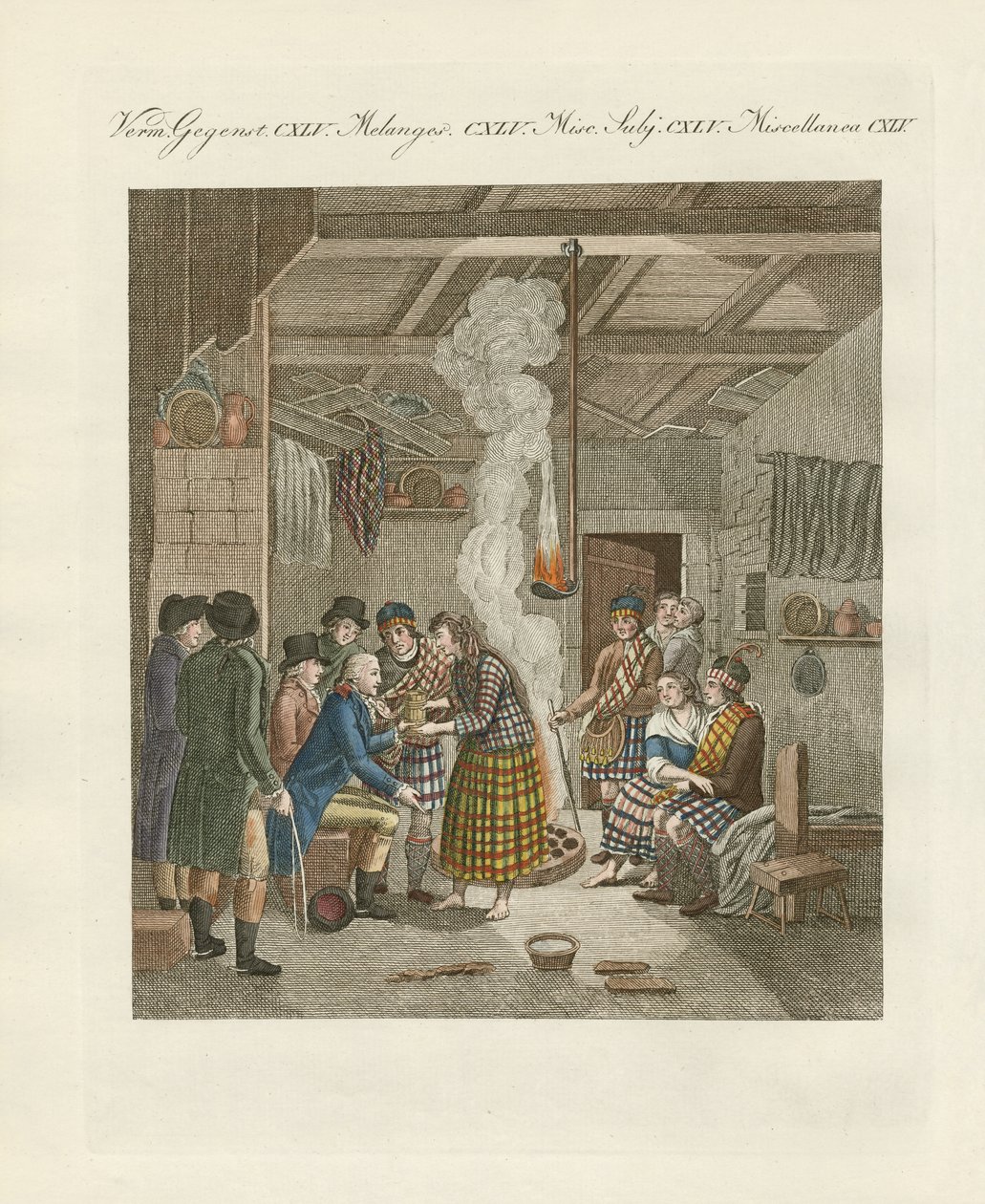 Os habitantes das terras altas, ou habitantes da parte norte da Escócia (gravura colorida) de German School