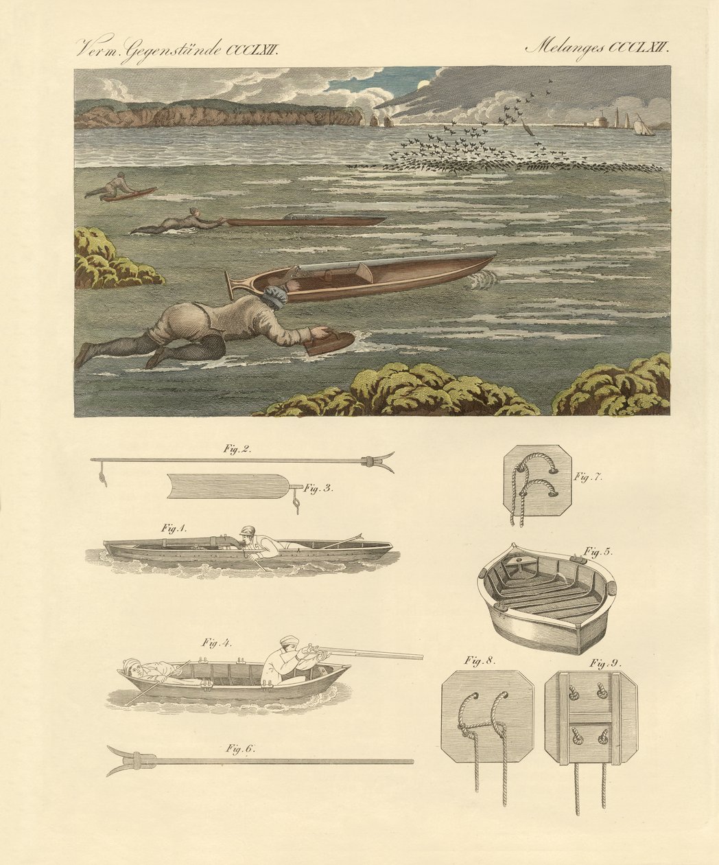 A caça de aves aquáticas nas costas de Inglaterra (gravura colorida) de German School