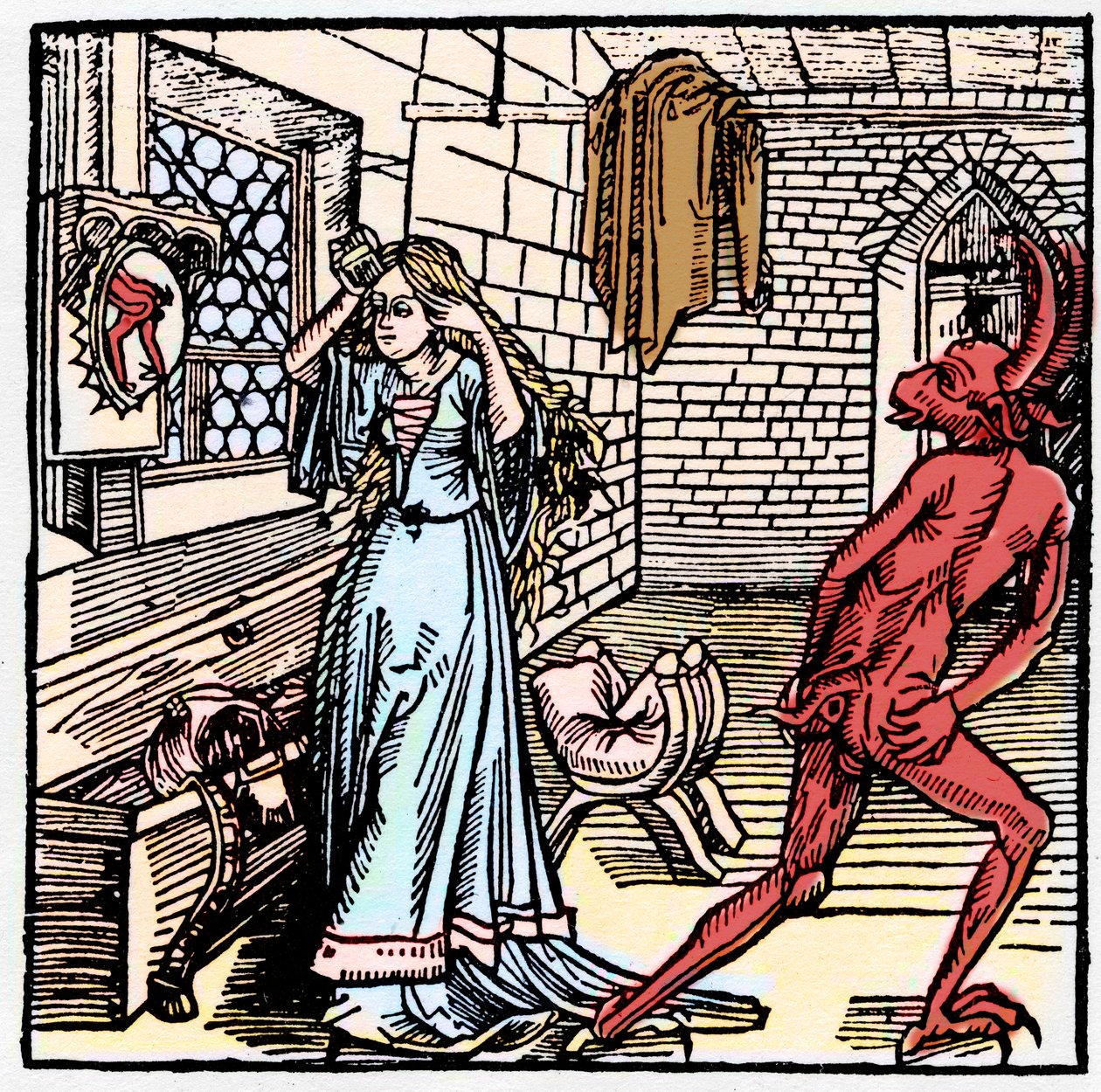 A senhora que se admira no espelho vê apenas um reflexo do posterior do Demónio - símbolo da Vaidade - Conduta irresponsável do diabo para com uma mulher flertadora - em "Der Ritter von Turn" do Cavaleiro Marquard vom Stein de German School