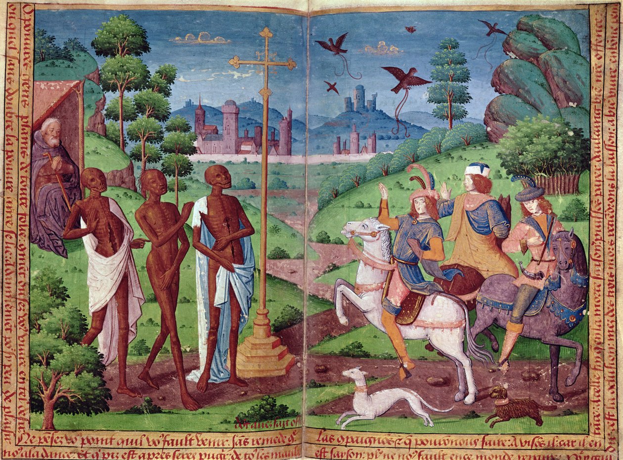 A lenda dos três homens vivos e dos três homens mortos, do Livro de Horas de Carlos V (vellum) de German School