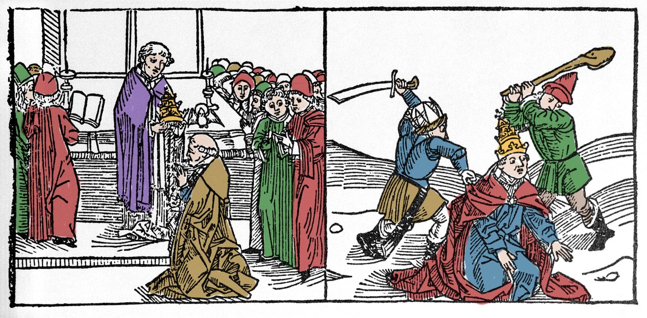 O martírio de São Fabien (século III), Papa torturado então decapitado, sob o reinado do Imperador Engraving de "Leben der Heiligen - sommerteil" (O livro do santo) de Jacobus (Tiago) de Voragine (1228-1298). Lubeck 1488. de German School