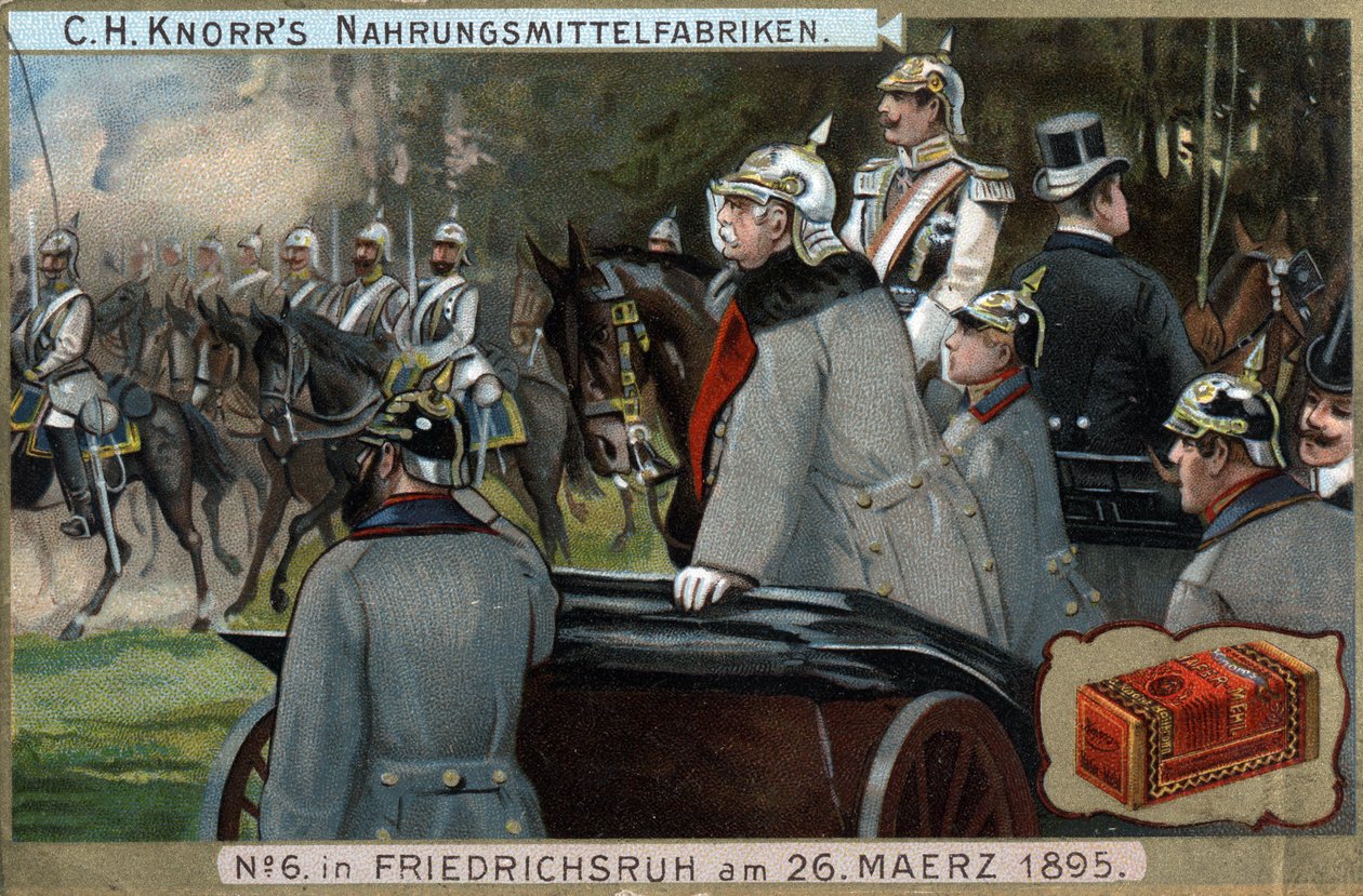 As tropas militares da Armee Prussiana passaram diante do Chanceler Otto von Bismarck (1815-1898) em 26 de março de 1895 em Friedrichsruh, Alemanha. Cromolitografia, final do século XIX. de German School