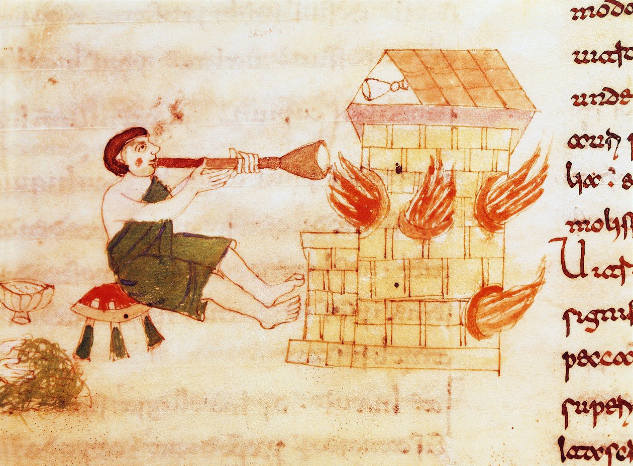 O soprador de vidro miniatura do manuscrito "De Universo" (ou De rerum naturis (Da Natureza das Coisas)) (cod. 132) por Rabanus Maurus Magnentius (ou Raban Maur ou Rabano Mauro) (ca. 780-856). Século IX. Arquivo da Abadia de Monte Cassino (Monte Cassin de German School