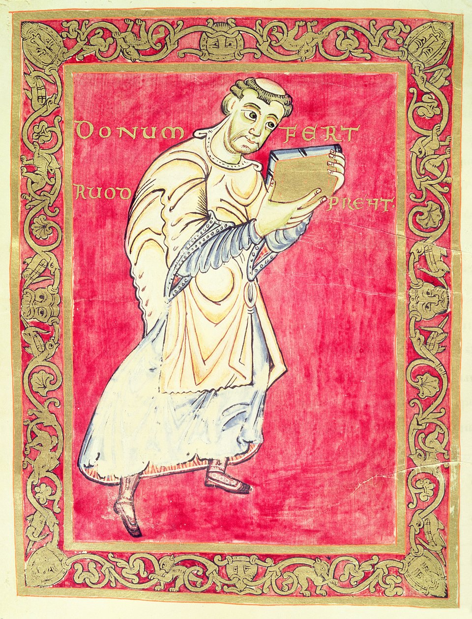 O monge Ruodprehet apresentando seu livro, do Saltério de Egbert, Arcebispo de Trier de German School