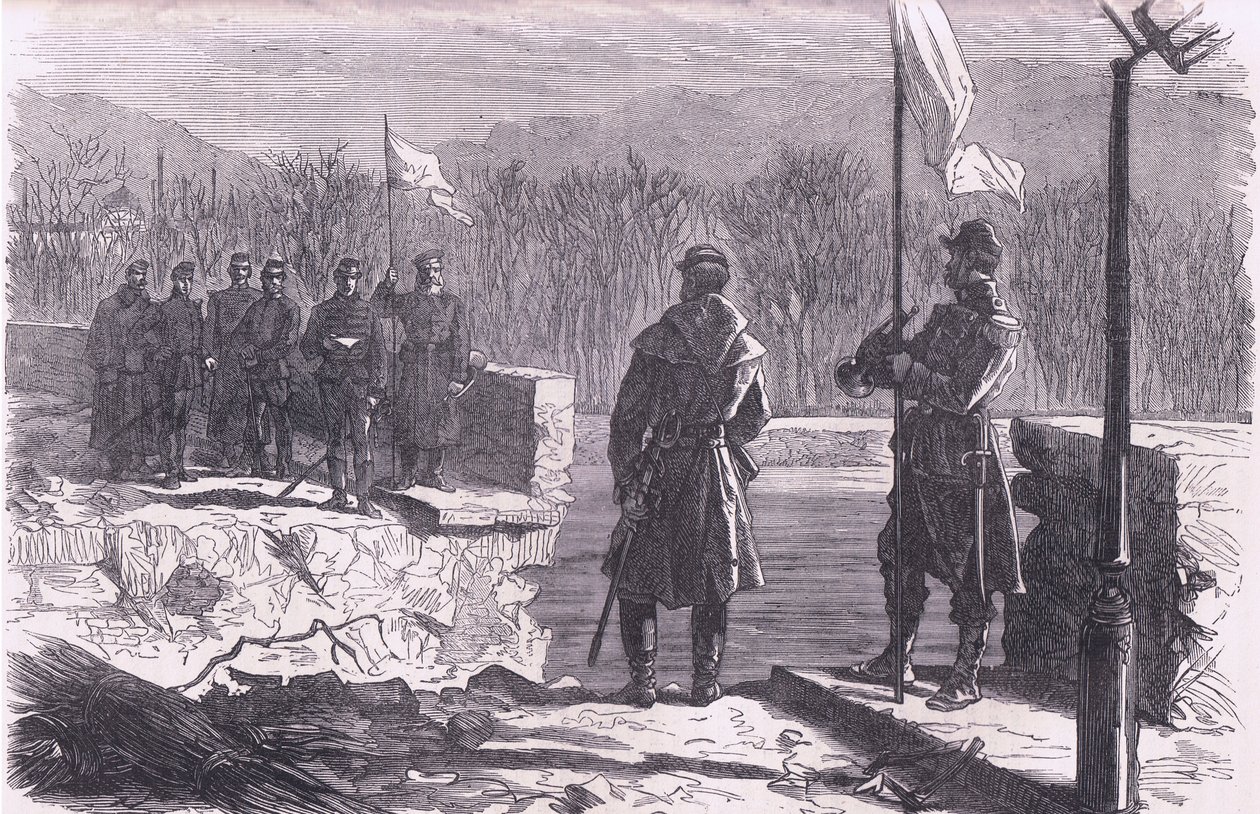As negociações de paz - uma reunião na Ponte de Sevres, Cassells História da Guerra entre a França e a Alemanha publicada pela Cassell and Company Limited, c.1890 (litho) de German School