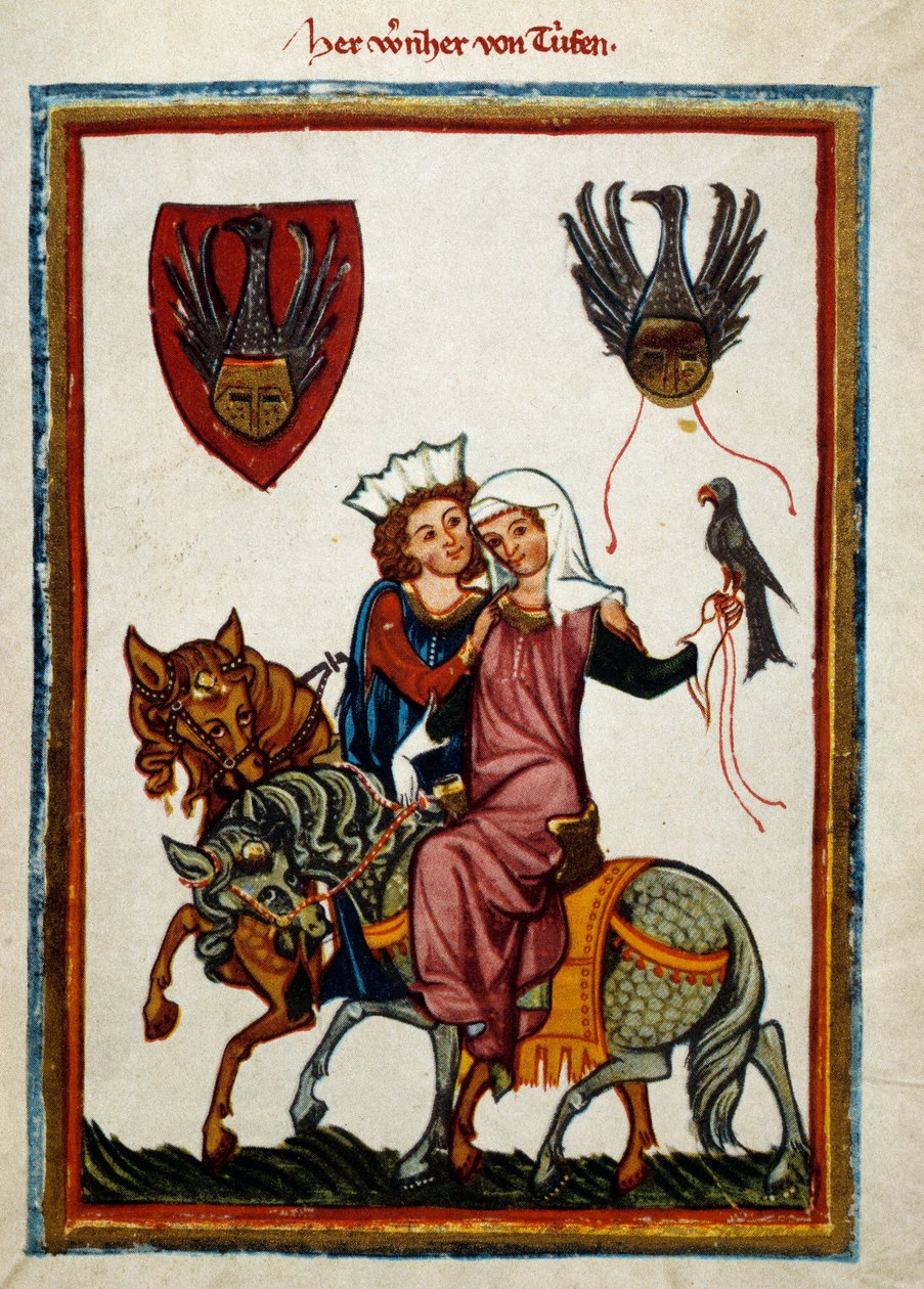 Os prazeres da caça: Rei Conradin de Hohenstaufen, Rei da Sicília (Itália) e Jerusalém (Israel) sob o nome de Conrado II, Duque da Suábia sob o nome de Conrado III e Rei dos Romanos sob o nome de Conrado V (1252-1268) caçando falcão. Il de German School