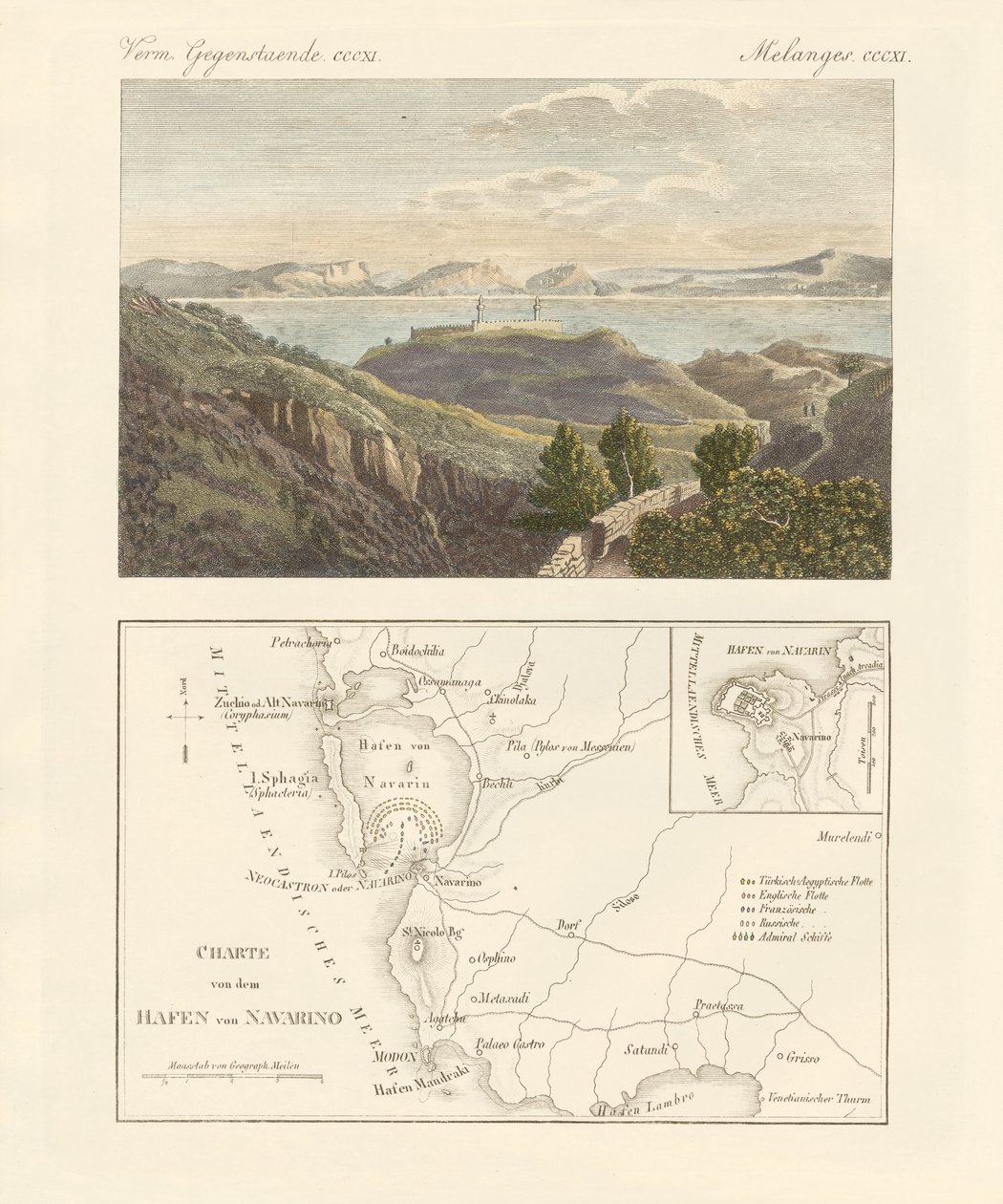 O porto e a cidade de Navarino (gravura colorida) de German School