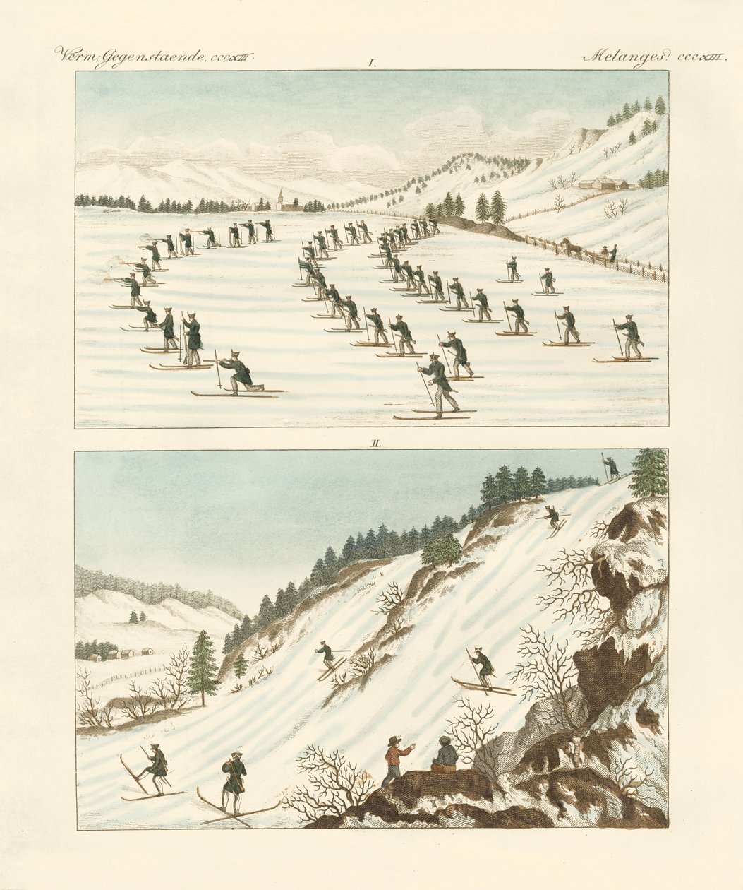 O regimento de patinadores na Noruega (gravura colorida) de German School
