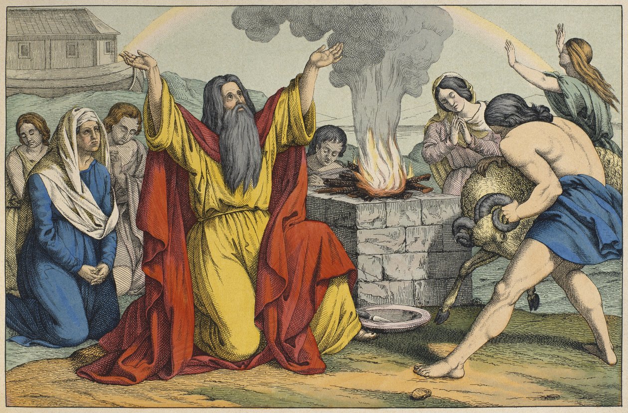 O sacrifício de Noé, ilustração de LAncien Testament, publicado por Jakob Ferdinand Schreiber, Esslingen (gravura a cores) de German School