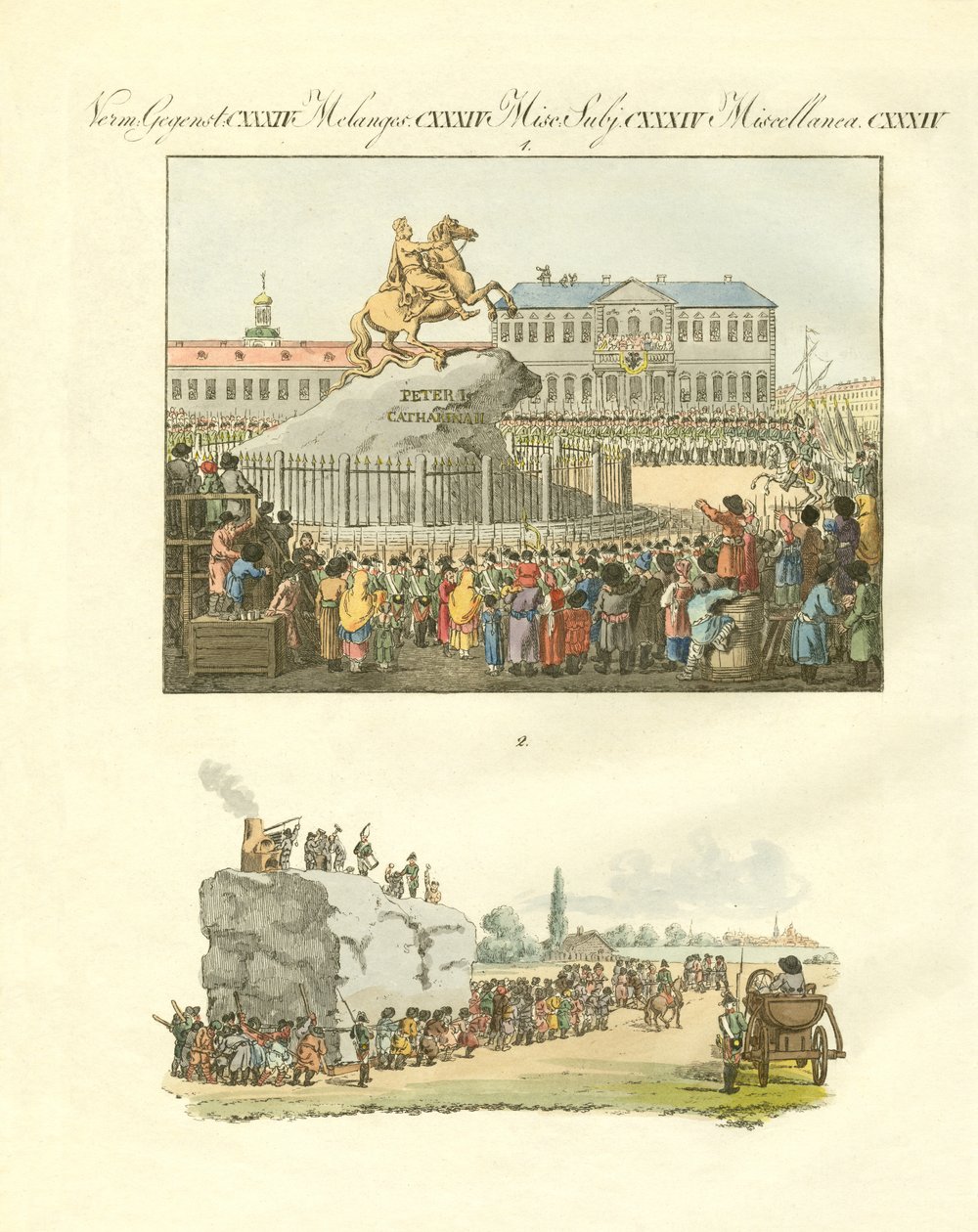 A estátua de Pedro O Grande a cavalo em São Petersburgo (gravura colorida) de German School
