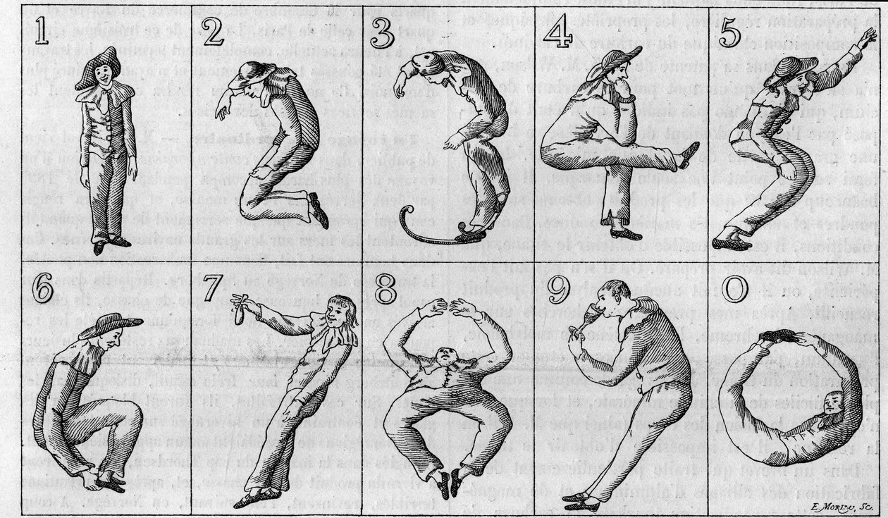 Os dez números de Arlequim. (Redução de metade do original, da colecção de Gaston Tissandier). Gravura alemã do século XVIII em "La Nature: Revue des sciences et de leurs applications aux arts et a l
