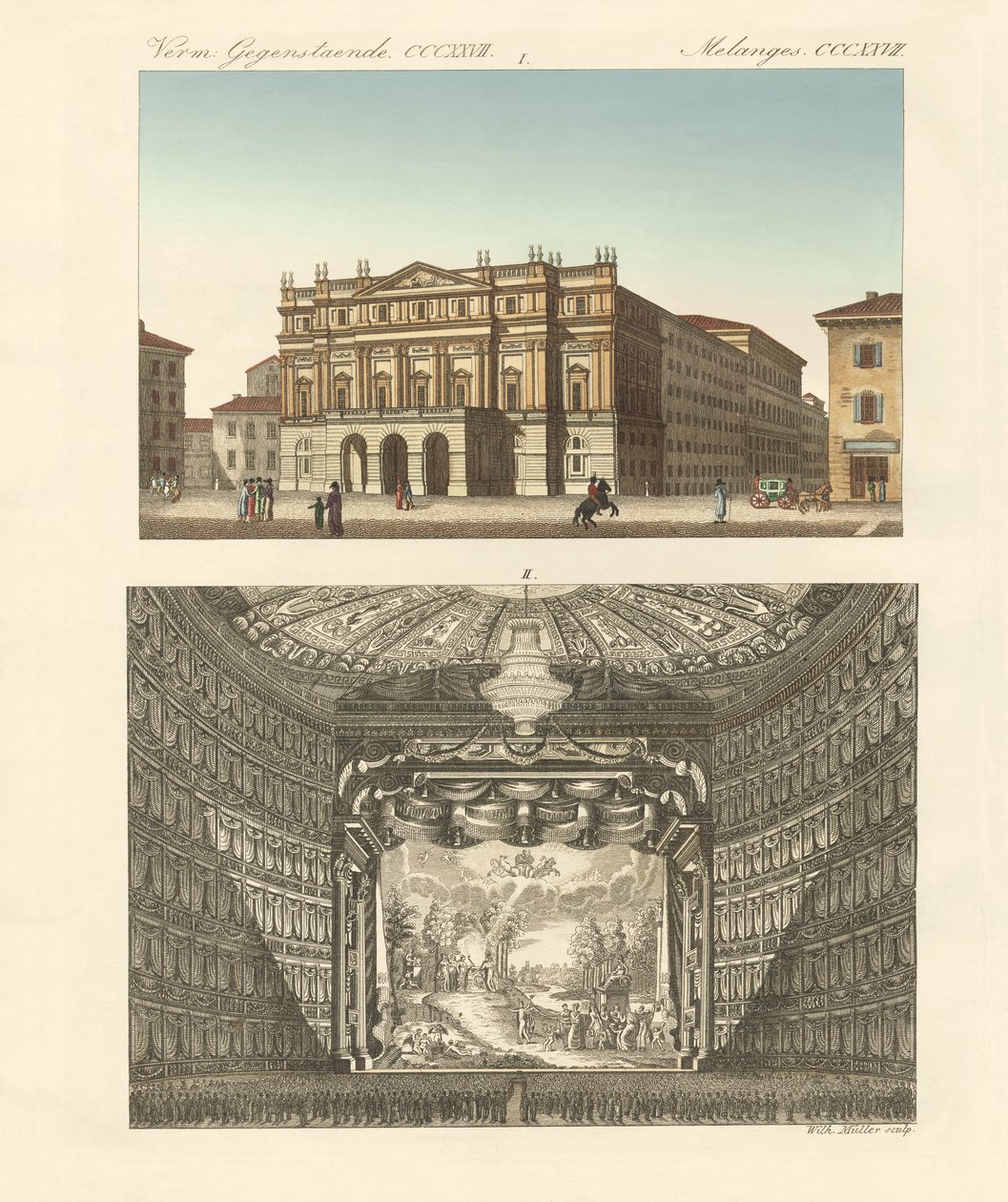 O teatro Della Scala em Milão (gravura a cores) de German School
