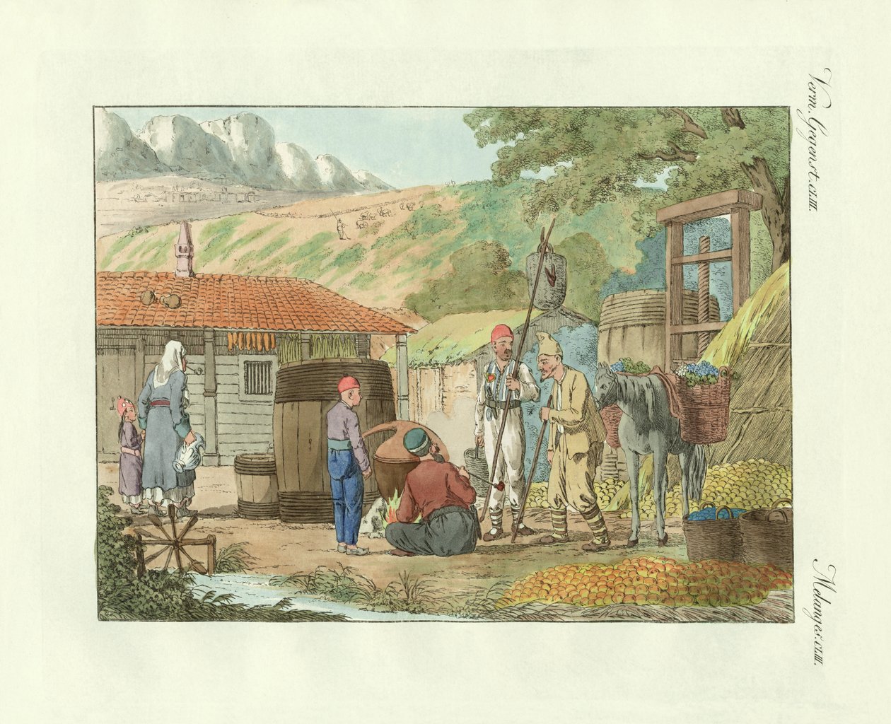 Os habitantes do vale na Península da Crimeia (gravura colorida) de German School
