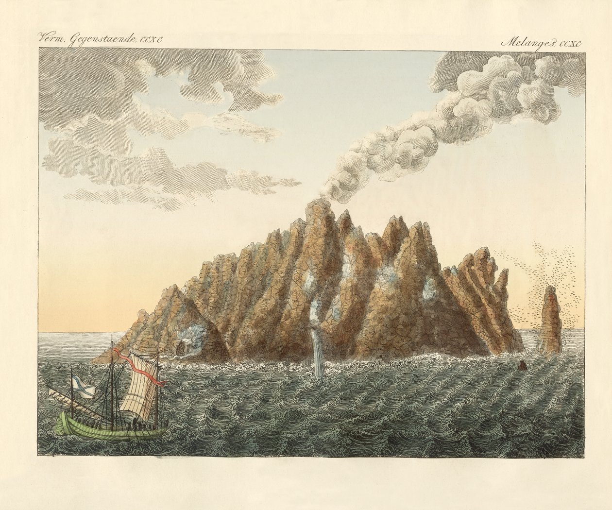 A ilha vulcânica de São João Teologo (gravura colorida) de German School