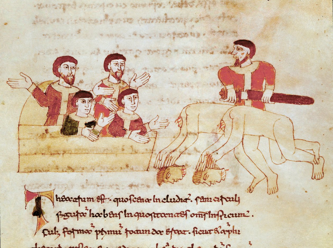 Cena de teatro, o público à esquerda aplaude a performance dos actores Miniatura retirada do manuscrito "De Universo" (ou De rerum naturis (Da Natureza das Coisas)) (cod. 132) por Rabanus Maurus Magnentius (ou Raban Maurus ou Rabano Mauro) (ca. de German School