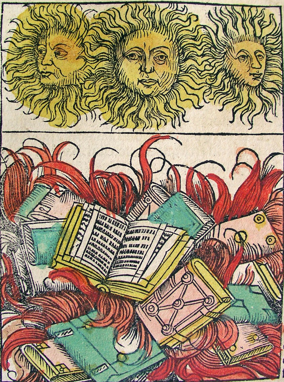 “Three Suns and Book Burning”, publicado no Nuremberg Chronicle, 1493 de German School