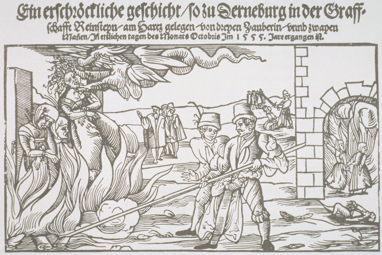 Três bruxas queimadas, ilustração de panfleto de German School