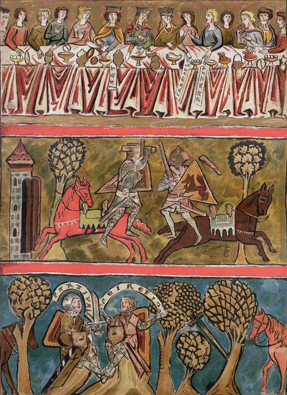 Três cenas de Parsifal por Wolfram von Eschenbach (dc1230) fac-símile de um manuscrito do século 13 de German School