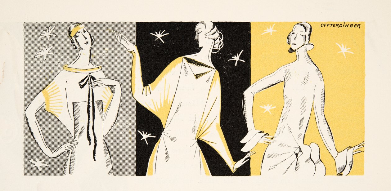 Três mulheres de vestido, de Styl, pub.1922 (gravura de pochoir) de German School