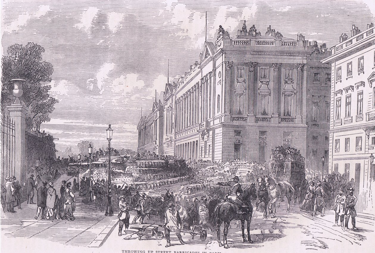 Vomitando barricadas de rua em Paris, Cassell History of the War between France and Germany publicado por Cassell and Company Limited, c.1890 (litho) de German School