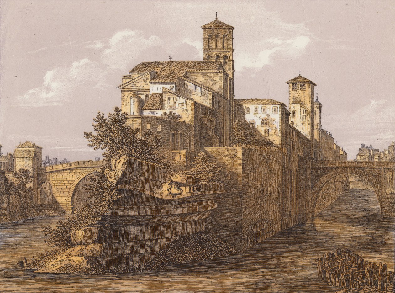 Ilha do Tibre, Roma, Itália (litografia a cores) de German School