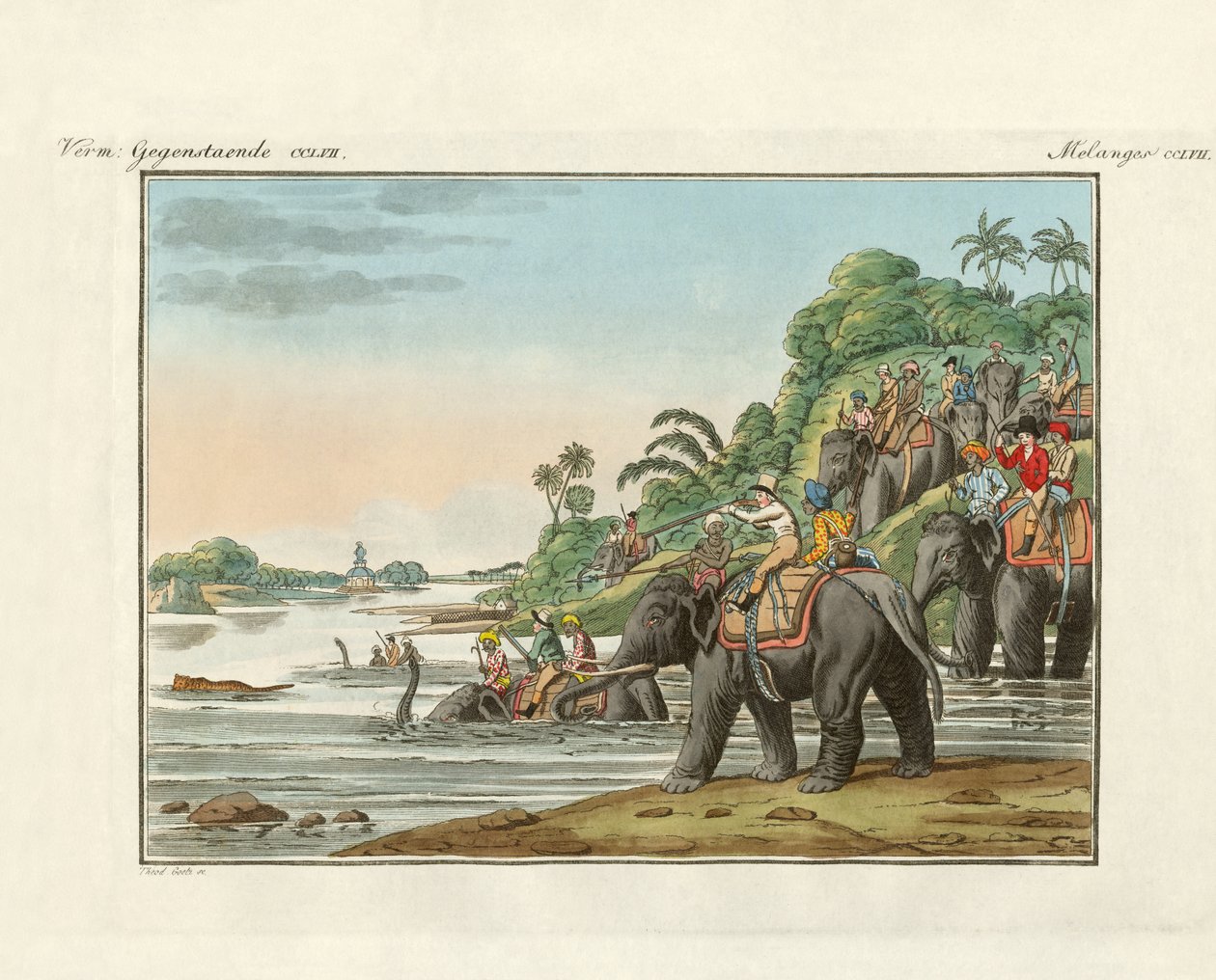 Caça ao tigre num rio indiano (gravura colorida) de German School