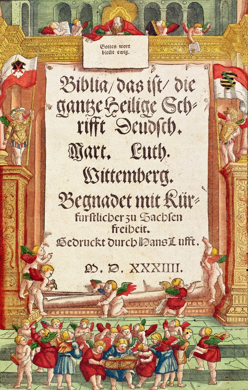 Página de rosto da Bíblia de Lutero, c.1530 (xilogravura colorida) de German School