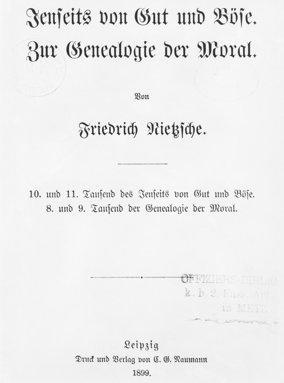 Página de rosto de Beyond Good and Bose e The Genealogy of Morality de Friedrich Wilhelm Nietzsche, publicado Naumann, Leipzig, 1899 de German School
