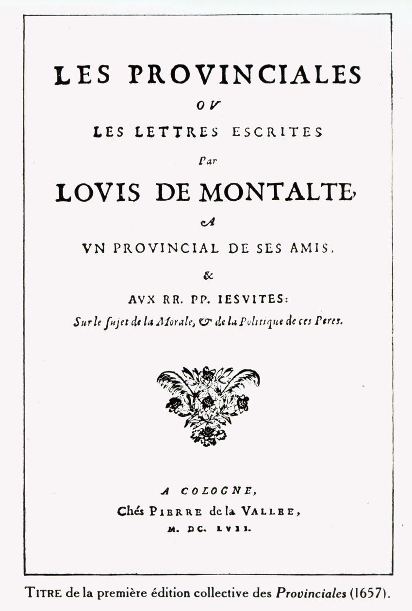 Titlepage of Les Provinciales de Blaise Pascal (1623-62), Amsterdã, 1657 (tinta no papel) de German School