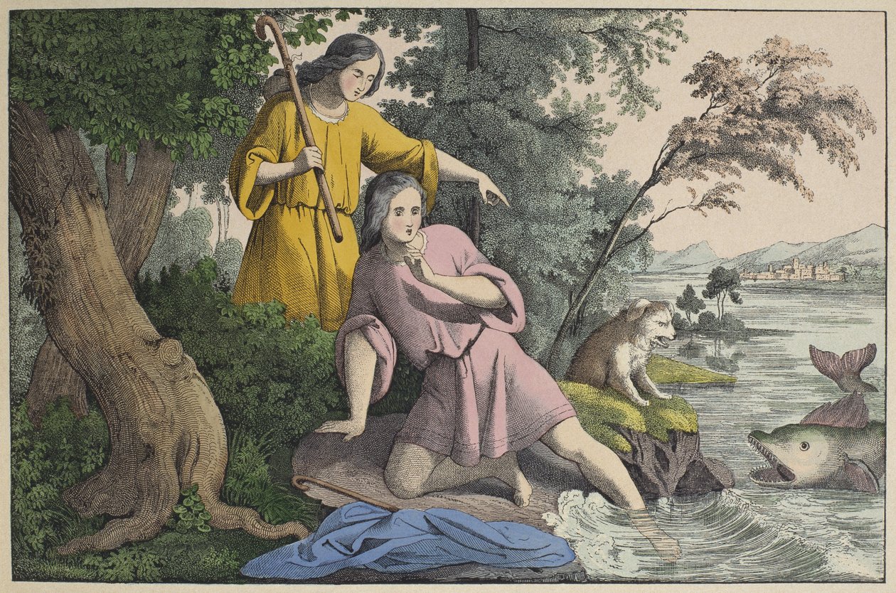 Tobias e o Arcanjo Rafael, ilustração de LAncien Testament, publicado por Jakob Ferdinand Schreiber, Esslingen (gravura colorida) de German School