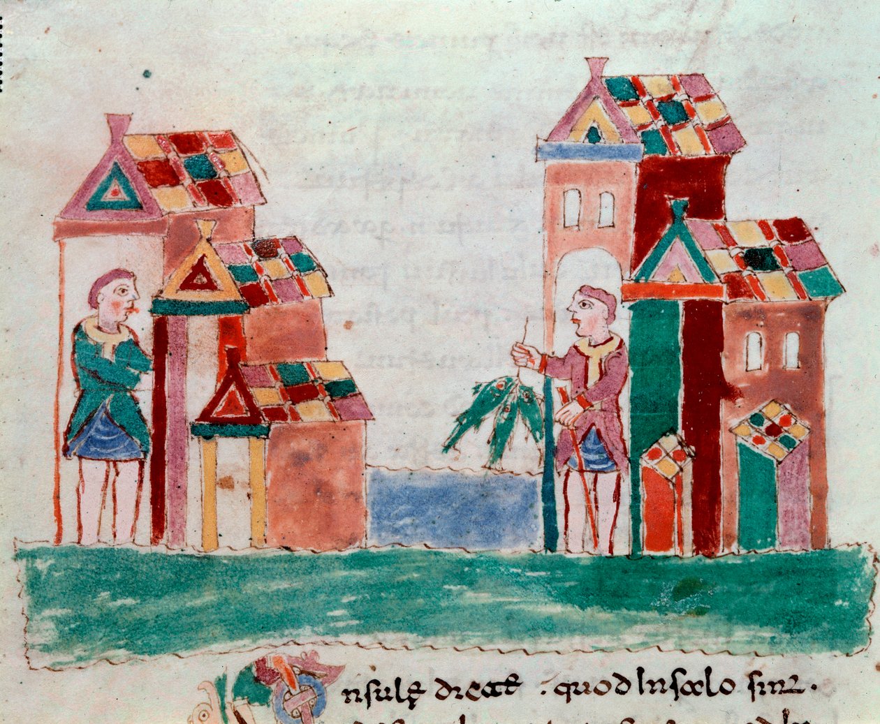 Comércio: o vendedor de peixe. Miniatura extraída do manuscrito "De Universo" ou "De rerum naturis" (Da Natureza das Coisas) de Rabanus Maurus Magnentius (ou Raban Maur ou Rabano Mauro, ca. 780-856). Século IX. Arquivo da Abadia de Monte Cassino (Monte Cas de German School