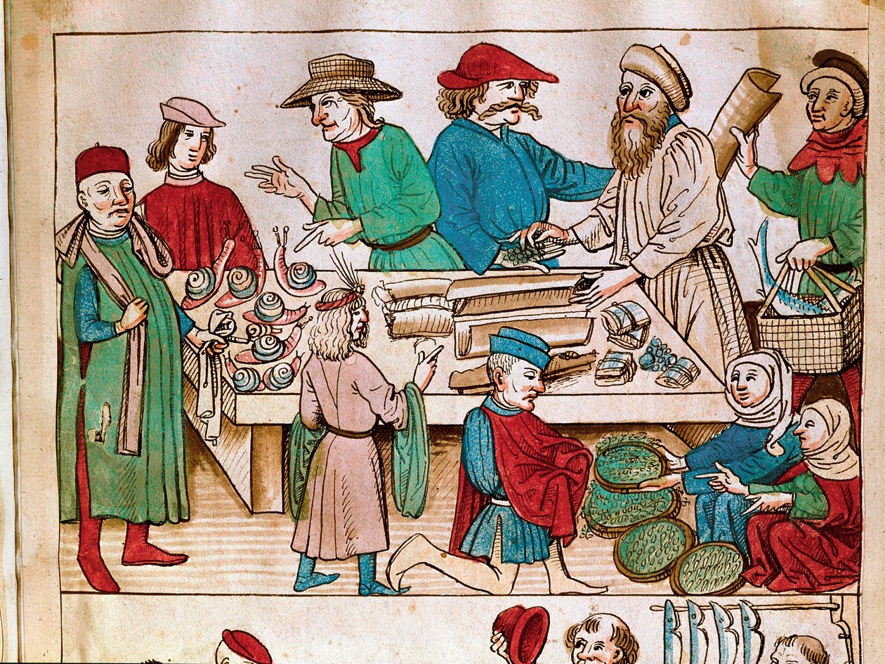 Comércio: cena de caminhar. Miniatura de "Chronicles of the Council of Constance" de Ulrich Richental (1360-1437) 1438 aproximadamente Praga, biblioteca nacional de German School