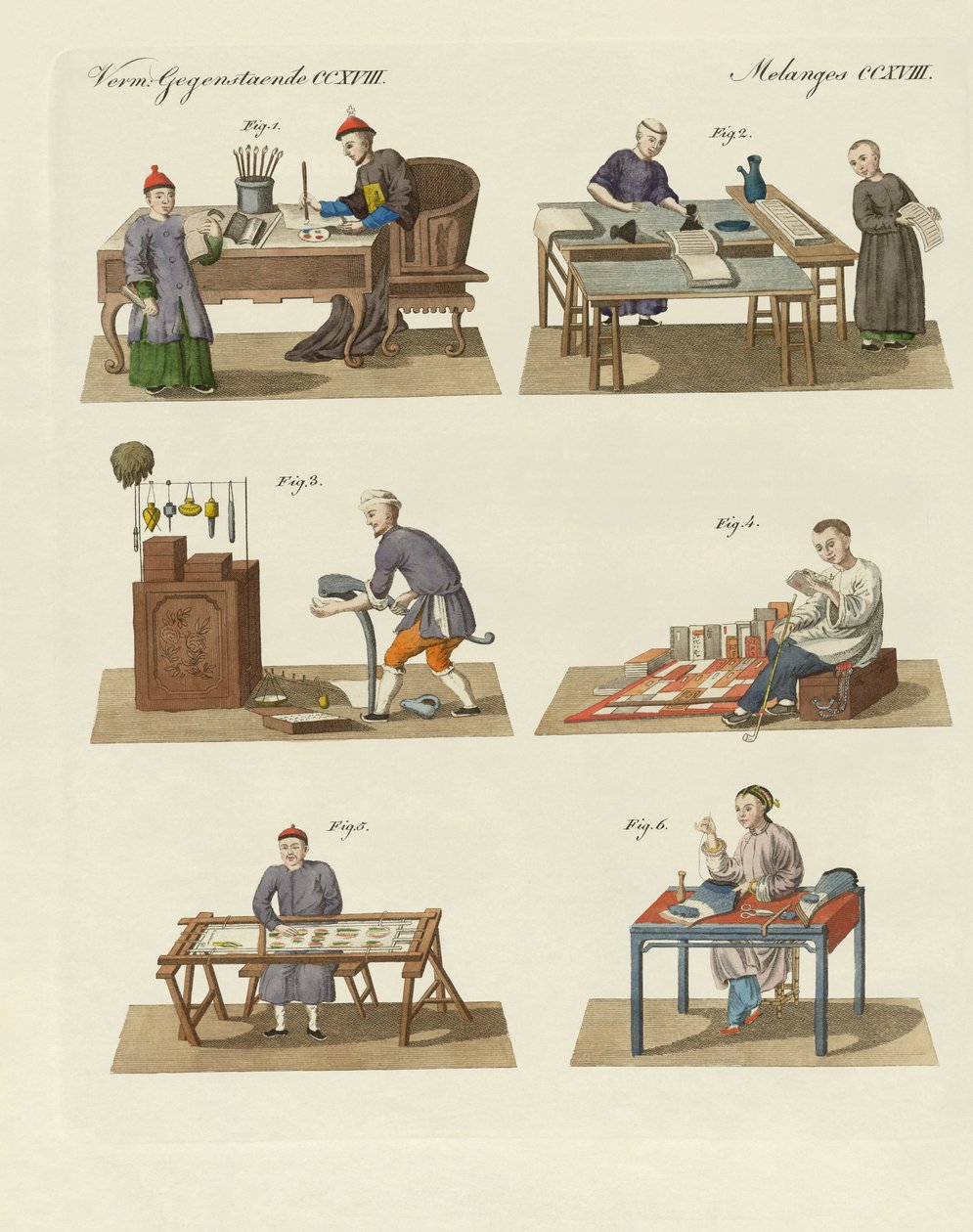 Ofícios, artes e trabalhos manuais na China (gravura a cores) de German School