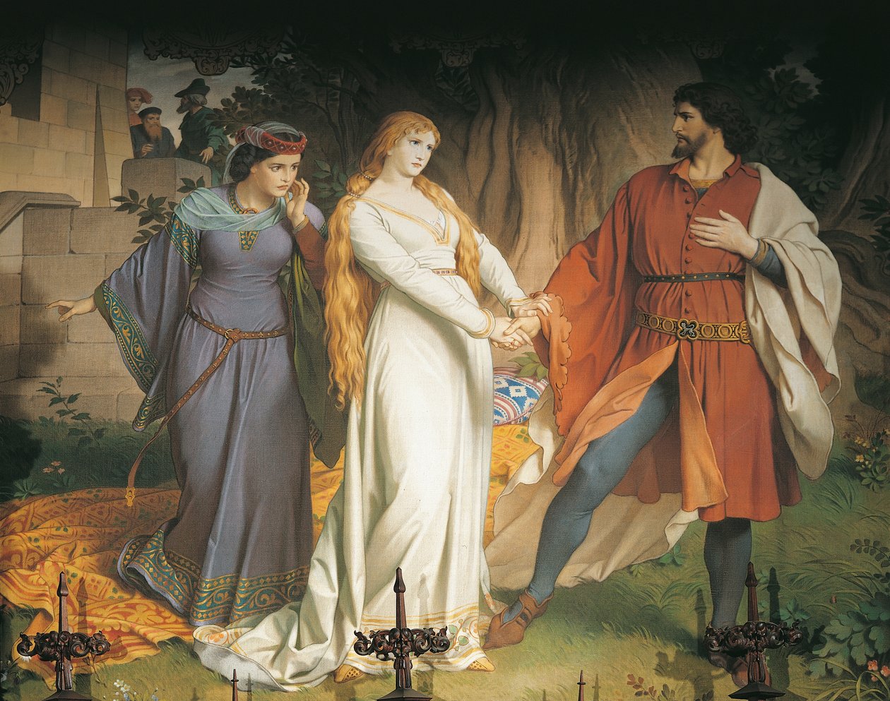 Tristão e Isolda encontram-se em segredo pela última vez, mas o seu encontro é traído e o Rei Marcos feriu Tristand com uma lança envenenada, Quarto de dormir (mural) de German School