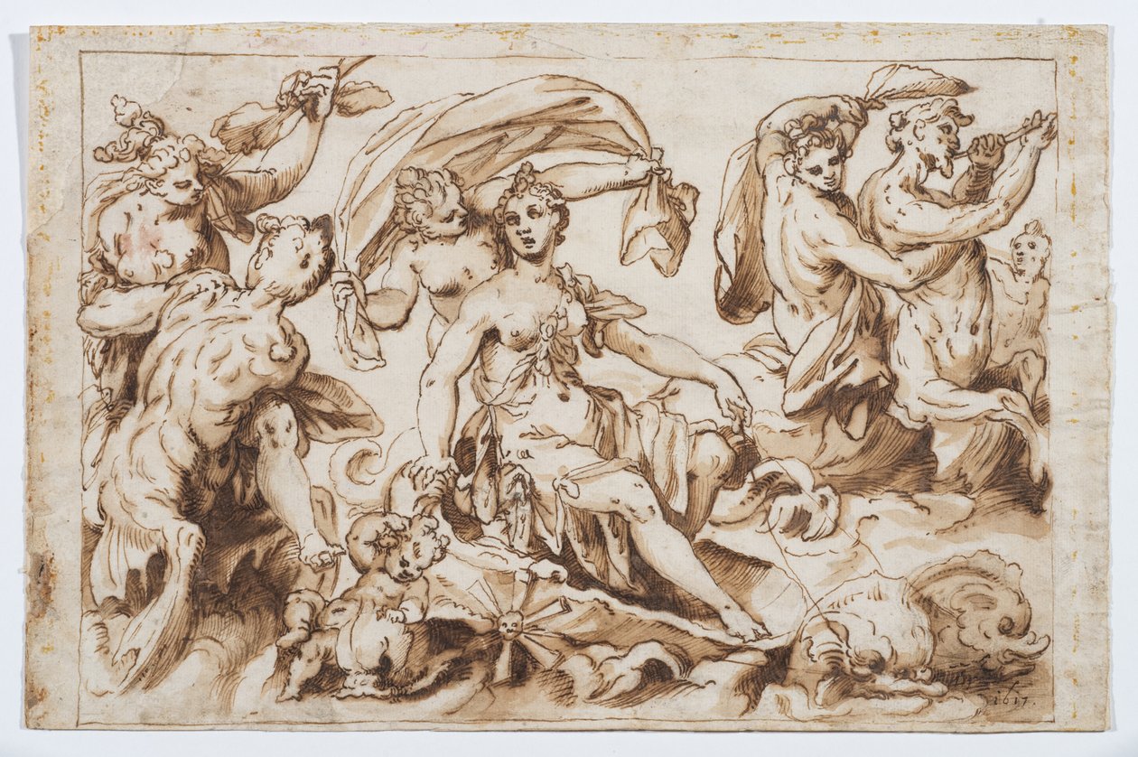 Triunfo de Galatea, c.1617 (giz preto, caneta e tinta castanha e lavagem castanha) de German School