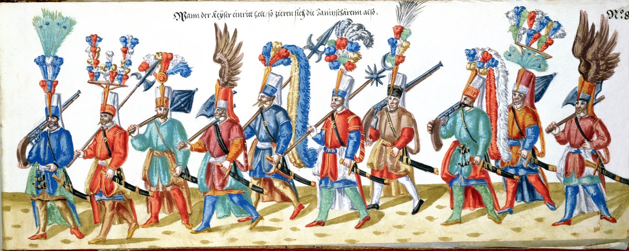 Janízaros turcos, de uma coleção de ilustrações relativas à corte do sultão otomano, c.1600 (wc no papel) de German School