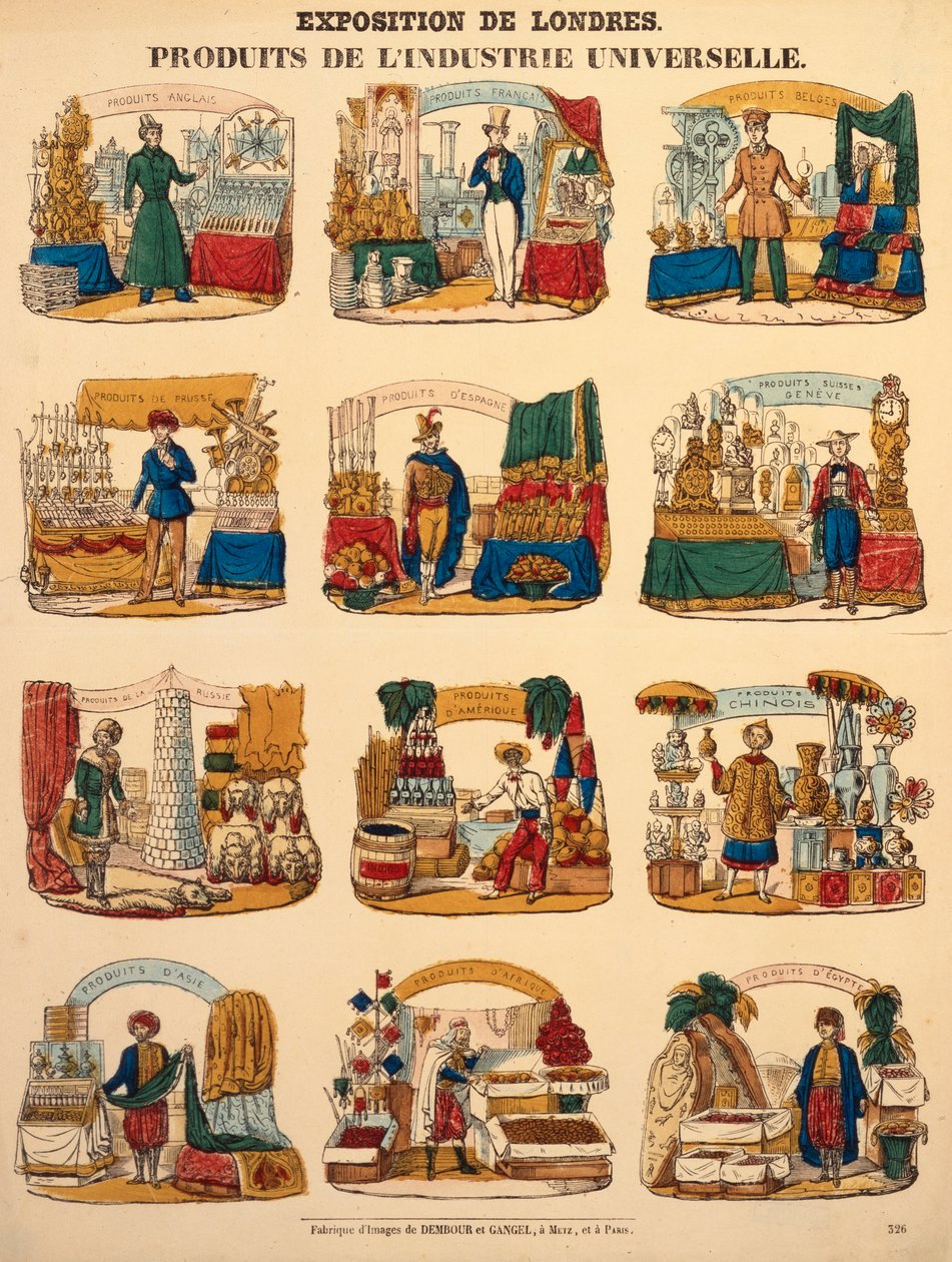 Doze stands de exposição de várias nações na Grande Exposição em Londres, publicada por Dambour & Gangel, Metz, 1851 (gravura em madeira) de German School