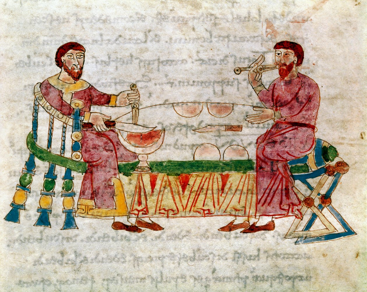 Dois homens em mesa durante uma refeição tirada do volume "De Mensis et Escis", manuscrito "De Universo" (ou De rerum naturis (De la Nature des choses)) (cod. 132) por Rabanus Maurus Magnentius (ou Raban Maur ou Rabano Mauro) (ca. 780-856). Século IX. Arqu de German School