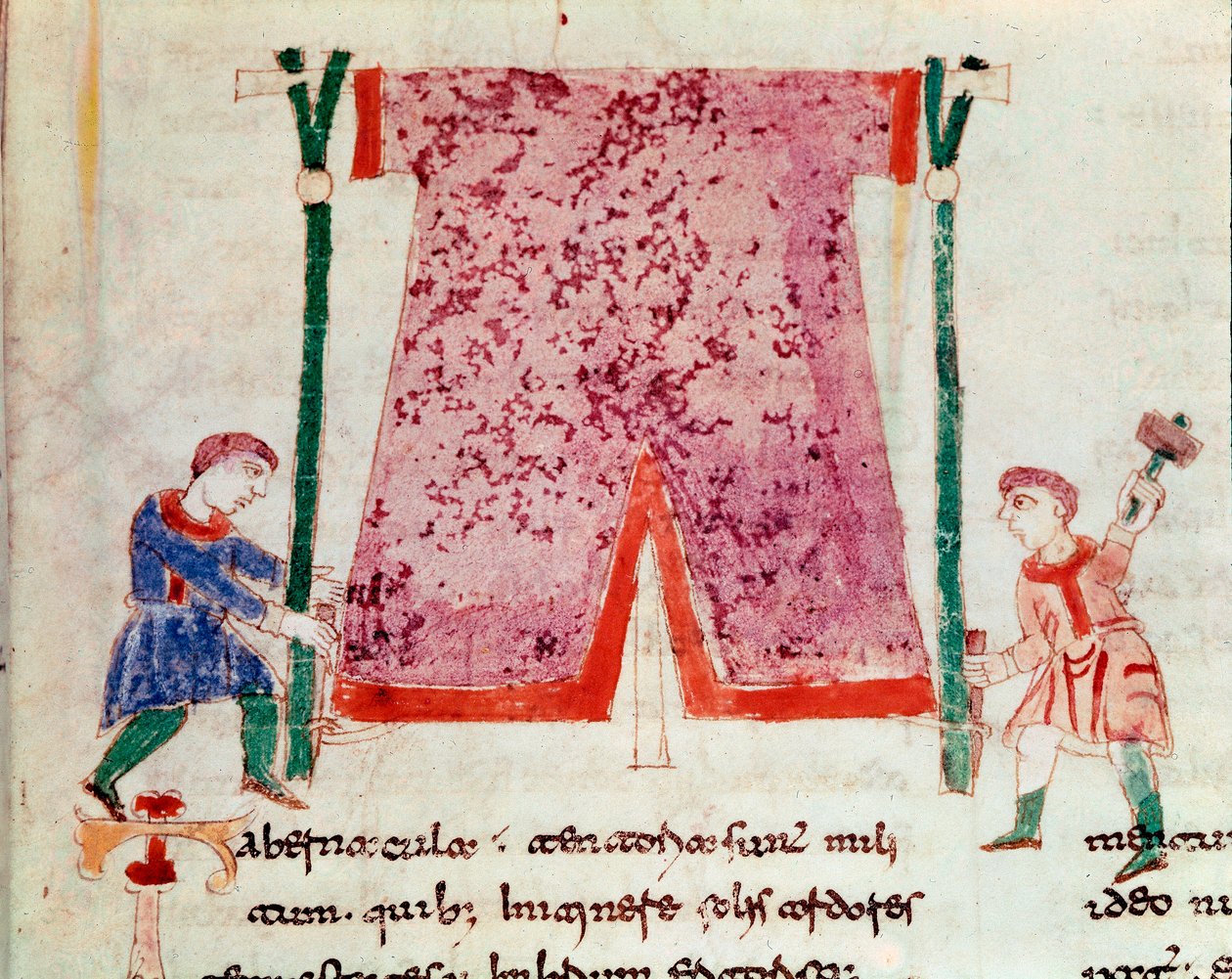 Dois homens de pé numa tenda. Miniatura retirada do manuscrito "De Universo" ou "De rerum naturis" (Da Natureza das Coisas) de Rabanus Maurus Magnentius (ou Raban Maur ou Rabano Mauro, ca. 780-856). Século IX. Arquivo da Abadia de Monte Cassino (Monte Cass de German School