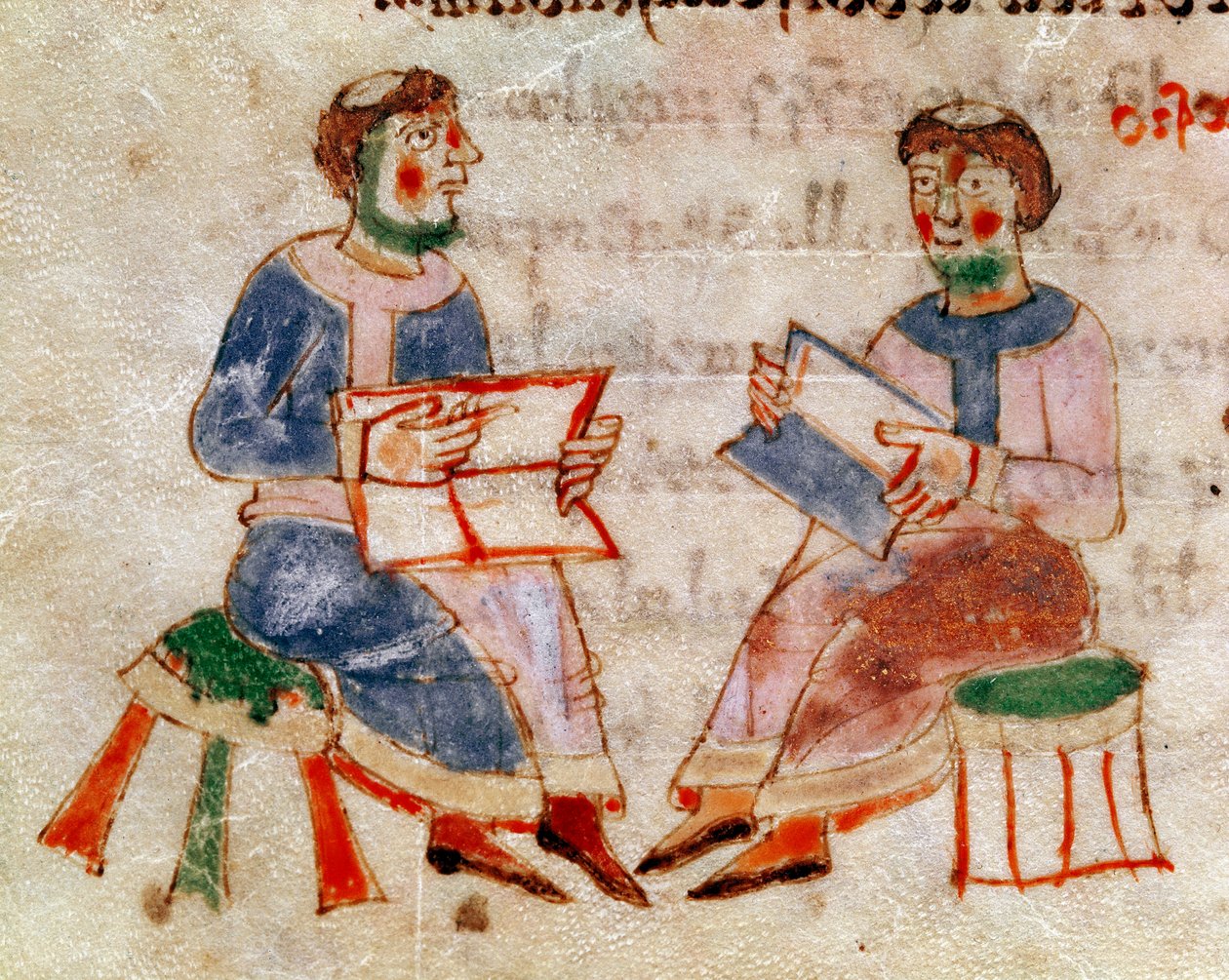 Dois monges discutindo ou mini-cena de curso tirada do volume "de Gymnasium" em "De Universo" (ou De rerum naturis (De la Nature des choses)) (cod. 132) por Rabanus Maurus Magnentius (ou Raban Maur ou Rabano Mauro) (ca. 780-856). Século IX. A de German School