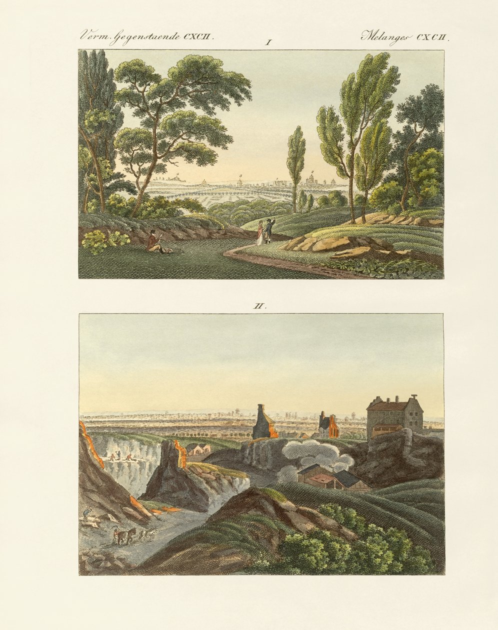 Duas vistas de Paris (gravura a cores) de German School