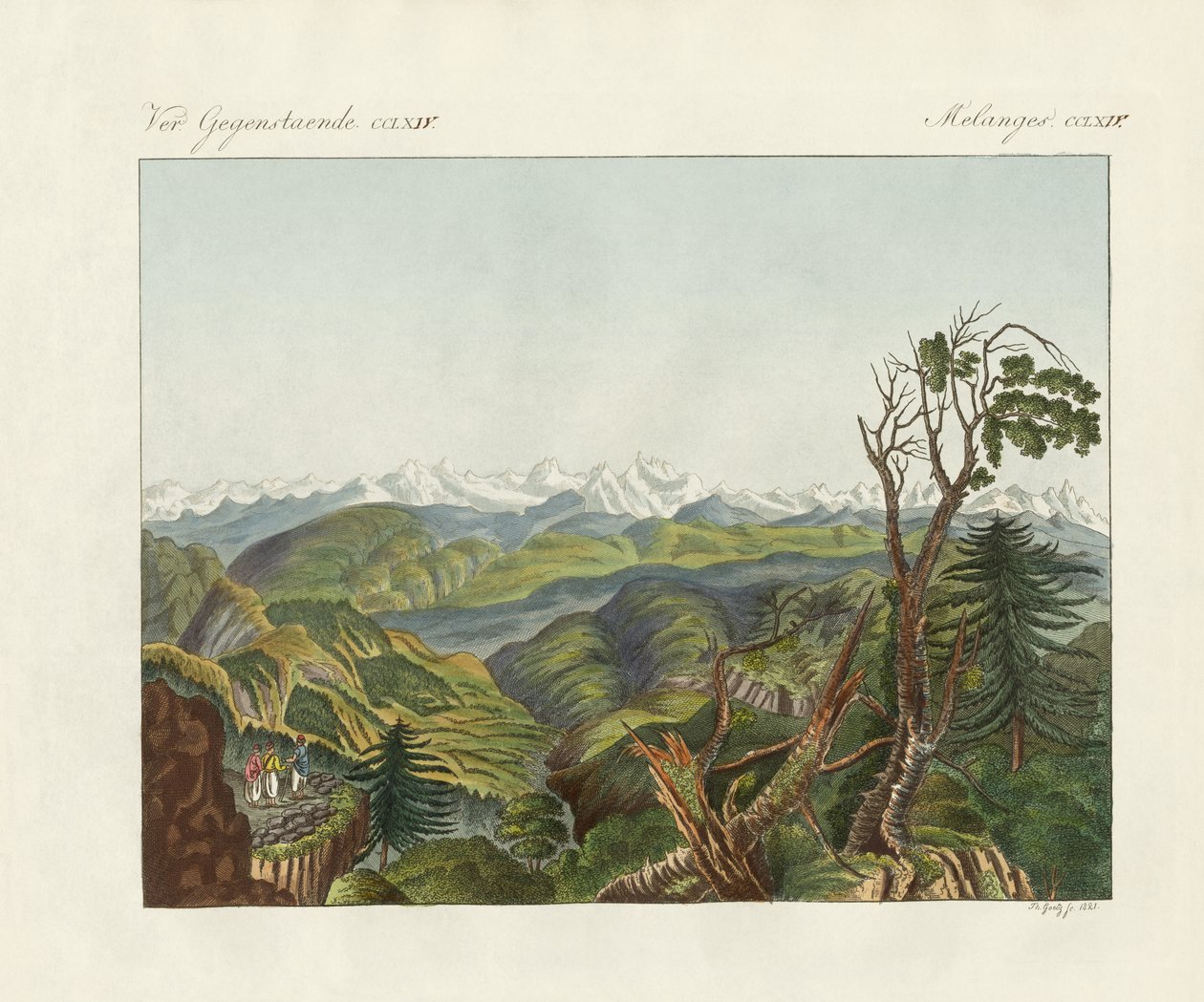Duas vistas dos Himalaias (gravura colorida) de German School