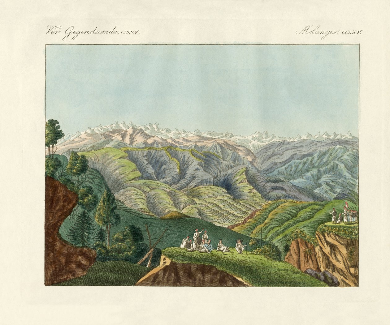 Duas vistas dos Himalaias (gravura colorida) de German School